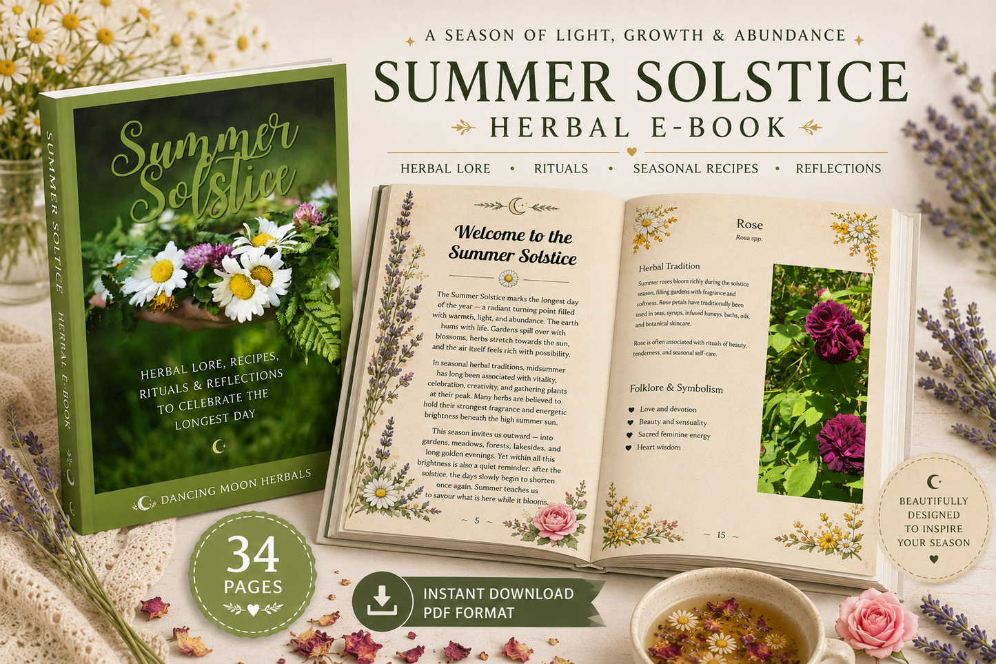 Summer Solstice herbal e-book with open pages on a decorative background with flowers and tea.