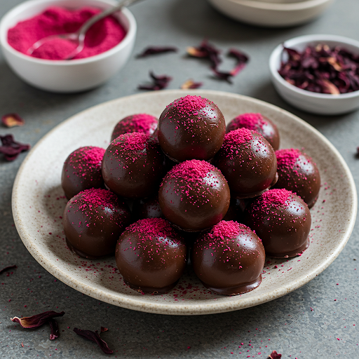 Spiced Rose & Hibiscus Milk Chocolate Truffles with Hazelnuts