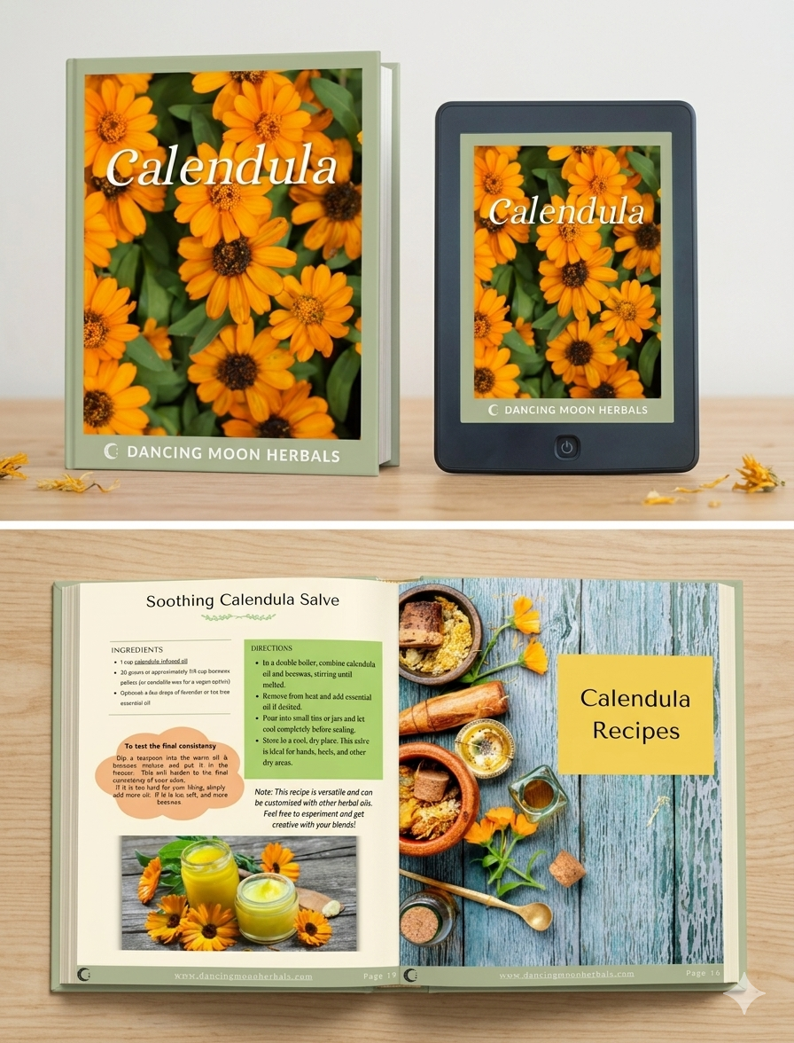 Calendula book, tablet, and open book with recipes on a wooden surface