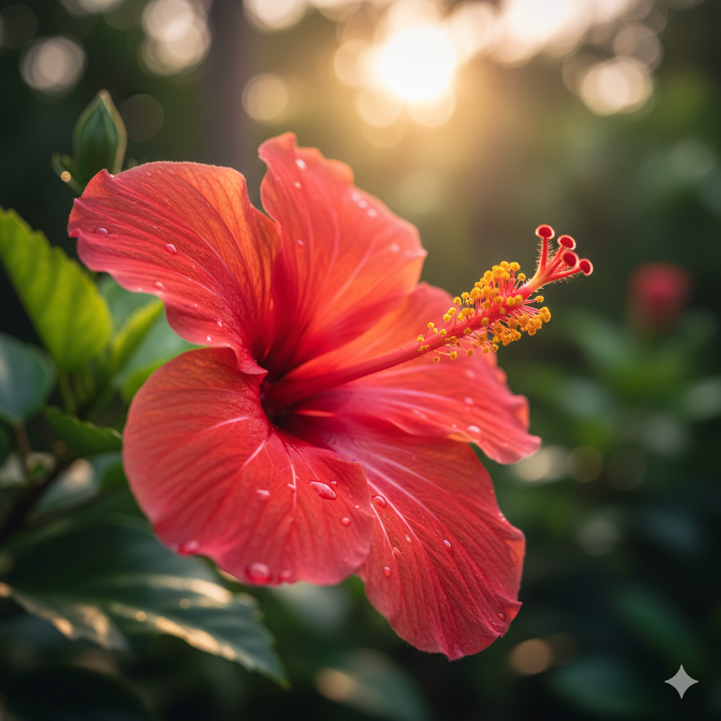 A beautiful hibiscus flower, orangey-red with drops of dew, the sunlight shining in the background.