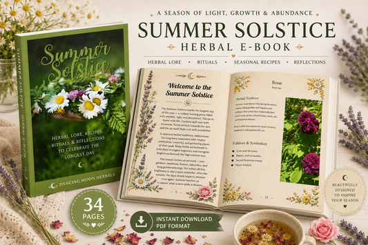 Summer Solstice herbal e-book with open pages on a decorative background with flowers and tea.